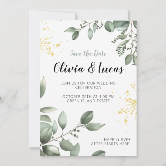 Invitation Mariage vert & or Inviter avec police de script (Devant)