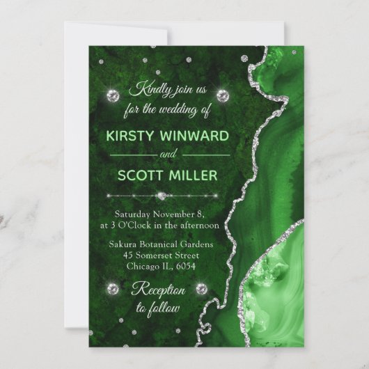 Invitation Mariage Vert & Paillettes d'Argent Agate et marbre (Devant)