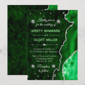 Invitation Mariage Vert & Paillettes d'Argent Agate et marbre (Devant / Derrière)