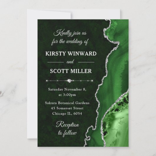 Invitation Mariage Vert & Paillettes d'Argent Agate et marbre (Devant)