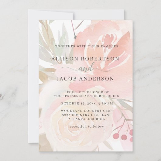 Invitation Mariage vert pâle rose crème pâle (Devant)