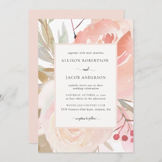 Invitation Mariage vert pâle rose crème pâle (Devant / Derrière)