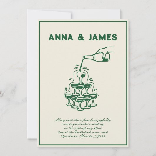 Invitation Mariage vert rétro Tour Champagne tiré à la main (Devant)