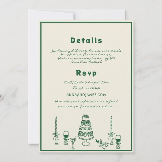 Invitation Mariage vert rétro Tour Champagne tiré à la main (Dos)