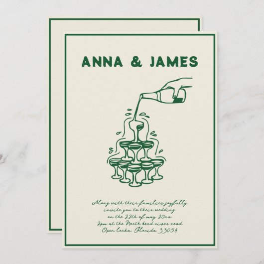 Invitation Mariage vert rétro Tour Champagne tiré à la main (Devant / Derrière)