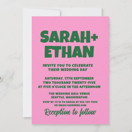 Invitation Mariage vert rose funky rétro (Dos)