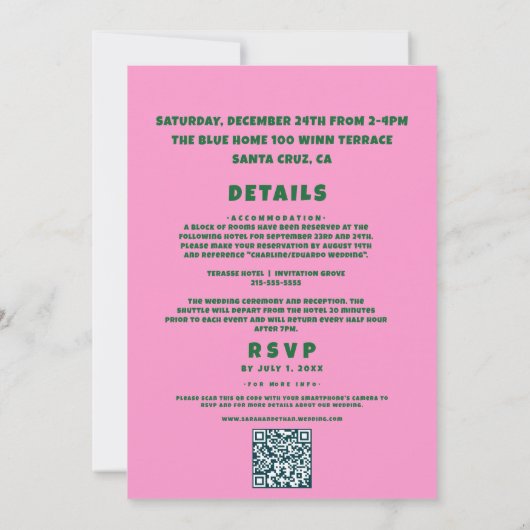 Invitation Mariage vert rose funky rétro (Dos)
