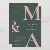 Invitation Mariage vert rose minimaliste moderne (Devant / Derrière)