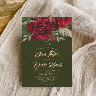 Invitation Mariage Vert & Roses Floral Moderne Boho