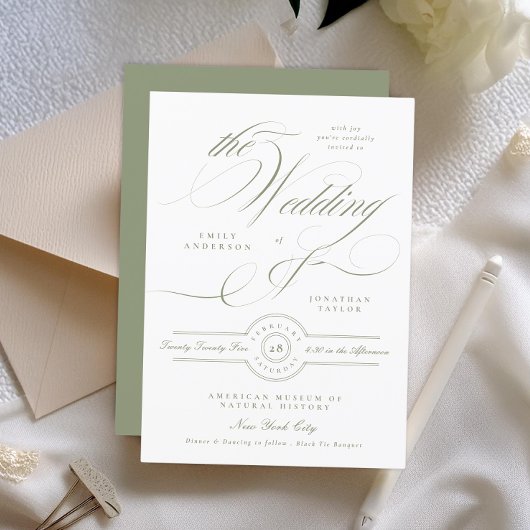 Invitation Mariage Vert Sage Calligraphie Classique Formel