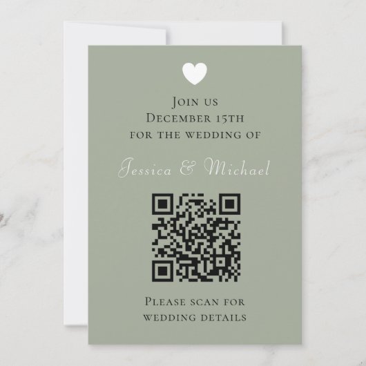 Invitation Mariage vert Sage Code QR moderne (Devant)