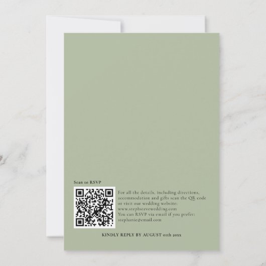 Invitation Mariage vert Sage de code QR simple texte (Dos)