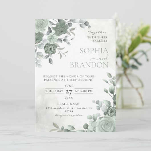 Invitation Mariage Vert Sauge (Debout devant)