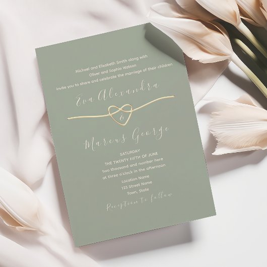 Invitation Mariage Vert Sauge avec Cœur de Corde Dorée