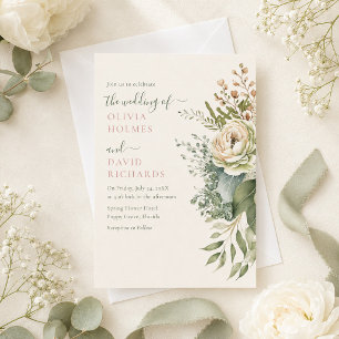 Invitation Mariage Vert Sauge et Fleurs Sauvages Ivoire