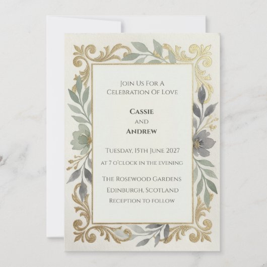 Invitation Mariage Vert Sauge Filigrane Doré (Devant)