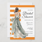 Invitation Mariage Vert Sauge Rayures Orange Réception de Mar (Devant)