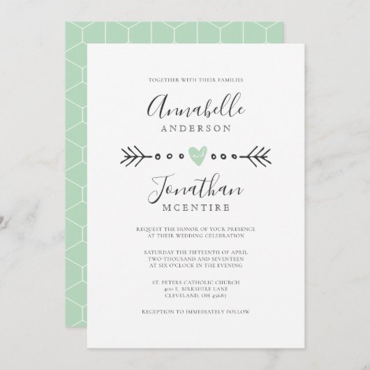Invitation Mariage vert simple en forme de coeur et de pointe (Devant / Derrière)