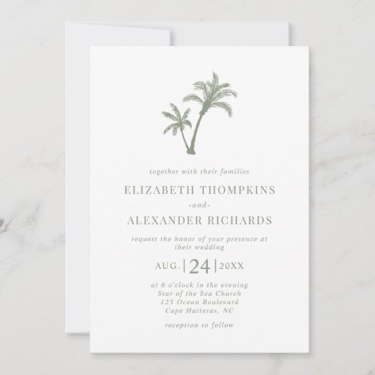 Invitation Mariage vert Tropical Beach Palm Tree Sage (Devant)
