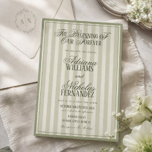Invitation Mariage Vert Vintage Élégant Rayé