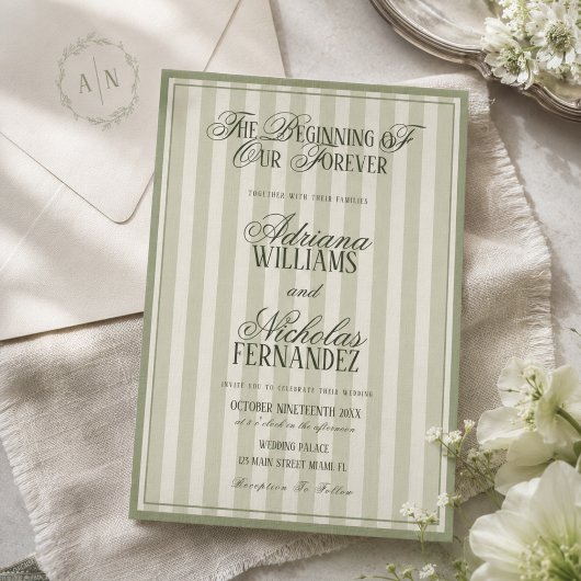 Invitation Mariage Vert Vintage Élégant Rayé
