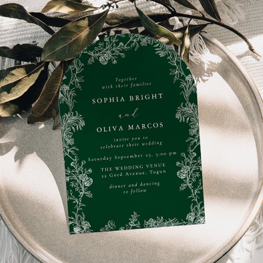 Invitation Mariage Vert Vintage Floral Blanc