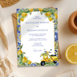 Invitation Mariage Vespa Italienne Citrons et Carreaux Bleus