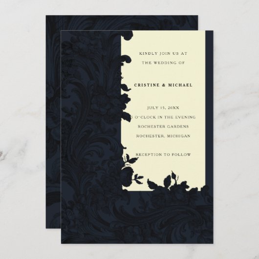 Invitation Mariage victorien à fleurs bleu foncé (Devant / Derrière)
