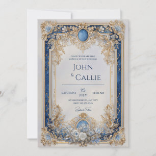 Invitation Mariage victorien bleu et or Floral
