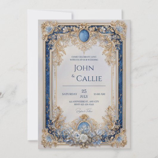 Invitation Mariage victorien bleu et or Floral (Devant)