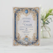 Invitation Mariage victorien bleu et or Floral (Debout devant)