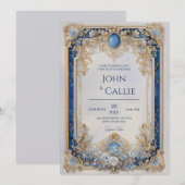Invitation Mariage victorien bleu et or Floral (Devant / Derrière)