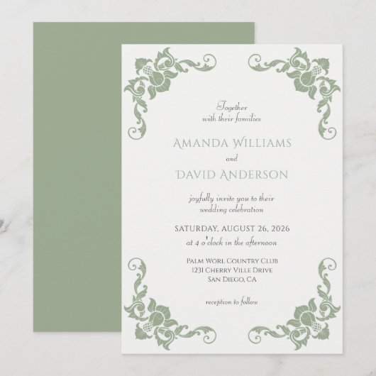 Invitation Mariage victorien français Sage Vert (Devant / Derrière)