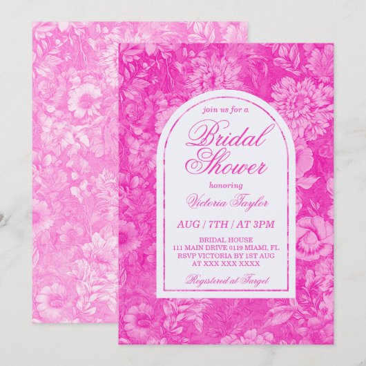 Invitation Mariage victorien rose magenta (Devant / Derrière)