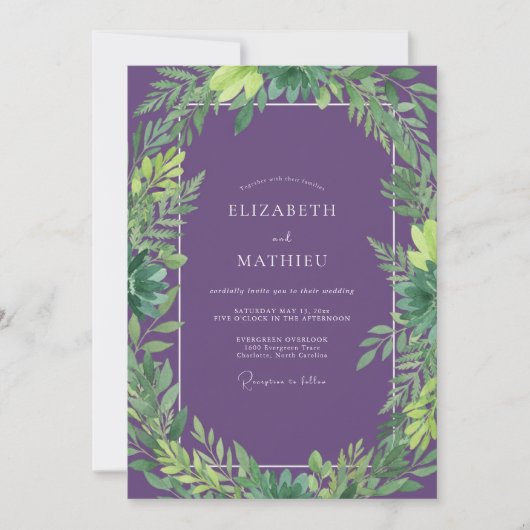 Invitation Mariage Vintage Améthyste Jade Feuillu (Devant)