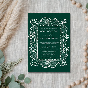 Invitation Mariage Vintage Argent Ancien Broderie d'Émeraude
