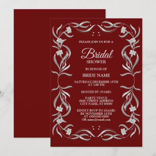 Invitation Mariage Vintage Argent Motif Floral Rouge