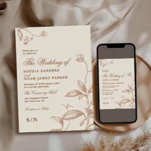 Invitation Mariage vintage automnal beige botanique terreux