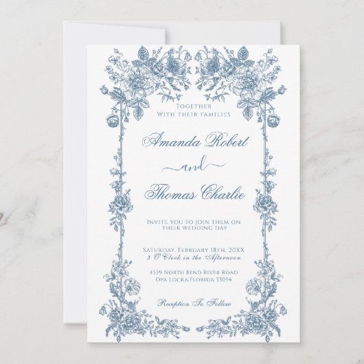 Invitation Mariage Vintage bleu (Devant)