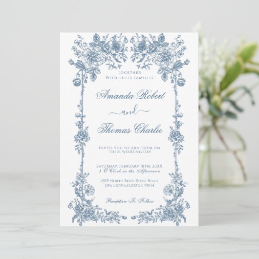 Invitation Mariage Vintage bleu (Debout devant)