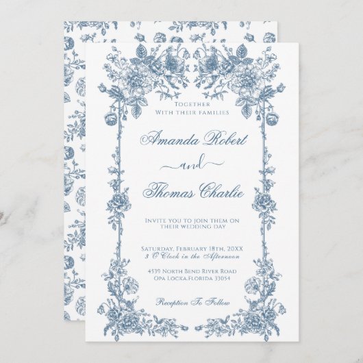 Invitation Mariage Vintage bleu (Devant / Derrière)