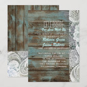 Invitation mariage vintage bleu barnes bois dentelle campagne (Devant / Derrière)