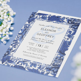 Invitation Mariage Vintage Bleu et Blanc Floral Chintz