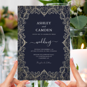 Invitation Mariage Vintage Bleu Nuit et Dentelle