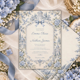 Invitation Mariage Vintage Bleu Toile de Jardin Hydrangea