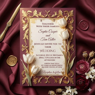 Invitation Mariage Vintage Bourgogne Or Floral Ivoire Baroque