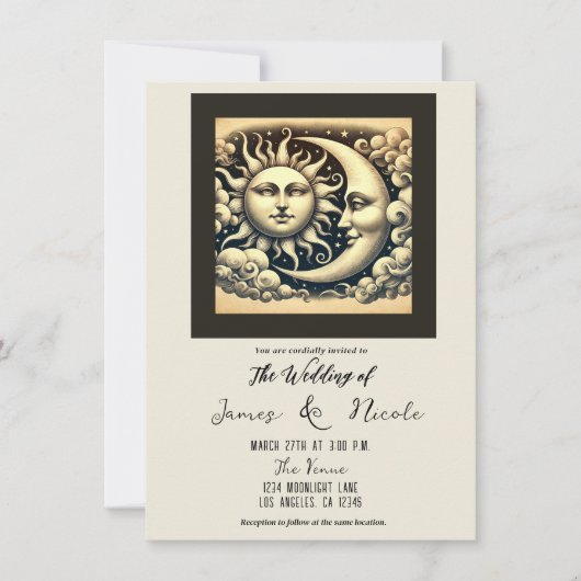 Invitation Mariage Vintage Céleste Soleil et Lune (Devant)