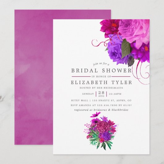 Invitation Mariage Vintage Chic Fuchsia et Violet (Devant / Derrière)