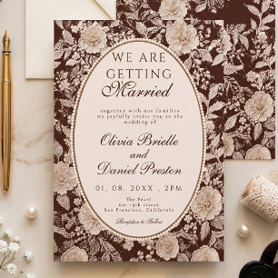 Invitation Mariage Vintage Chocolat Brun Crème Dentelle Perle
