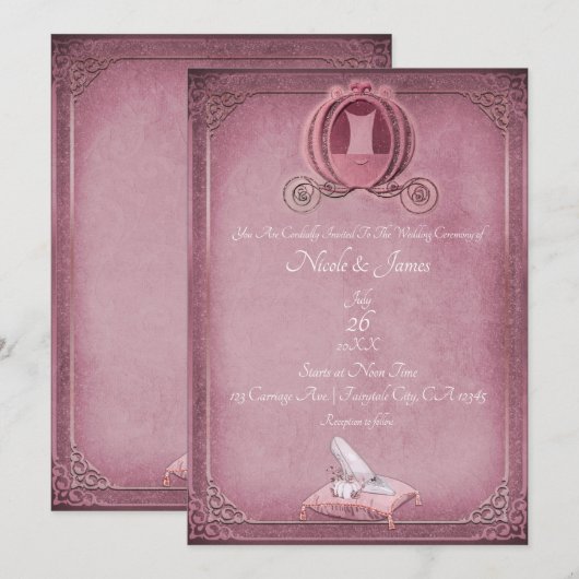 Invitation Mariage Vintage Cinderella Framboise & Or Rose (Devant / Derrière)